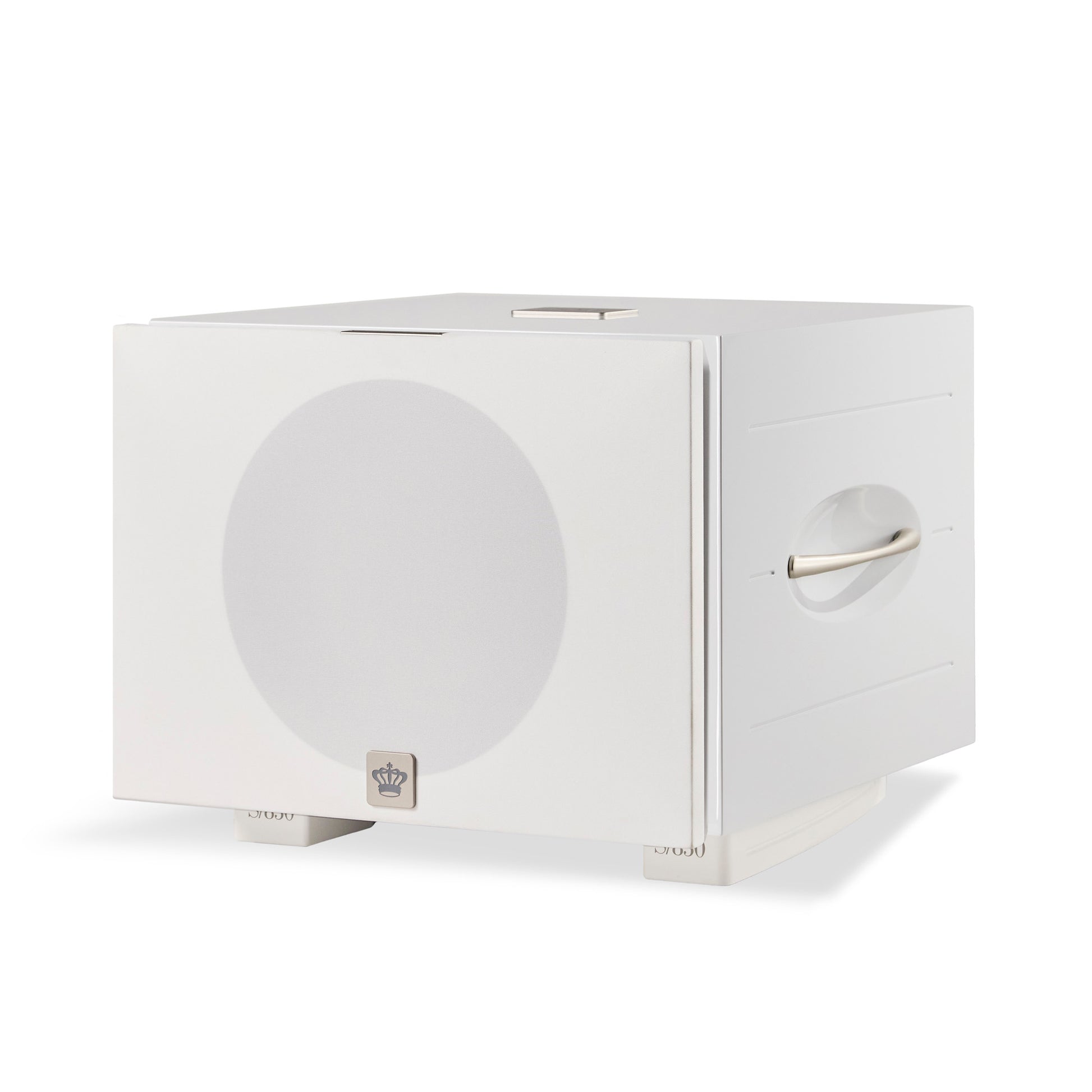Angle view of white REL S/850 Subwoofer with cloth grille on.