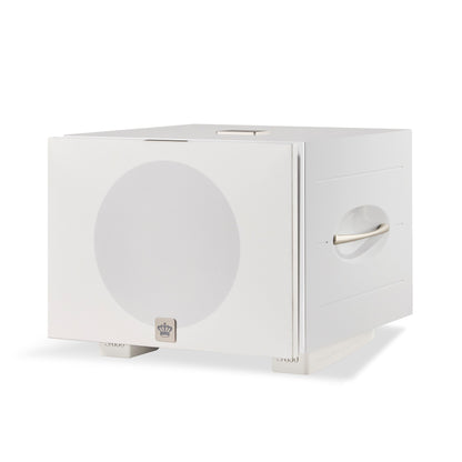 Angle view of white REL S/850 Subwoofer with cloth grille on.