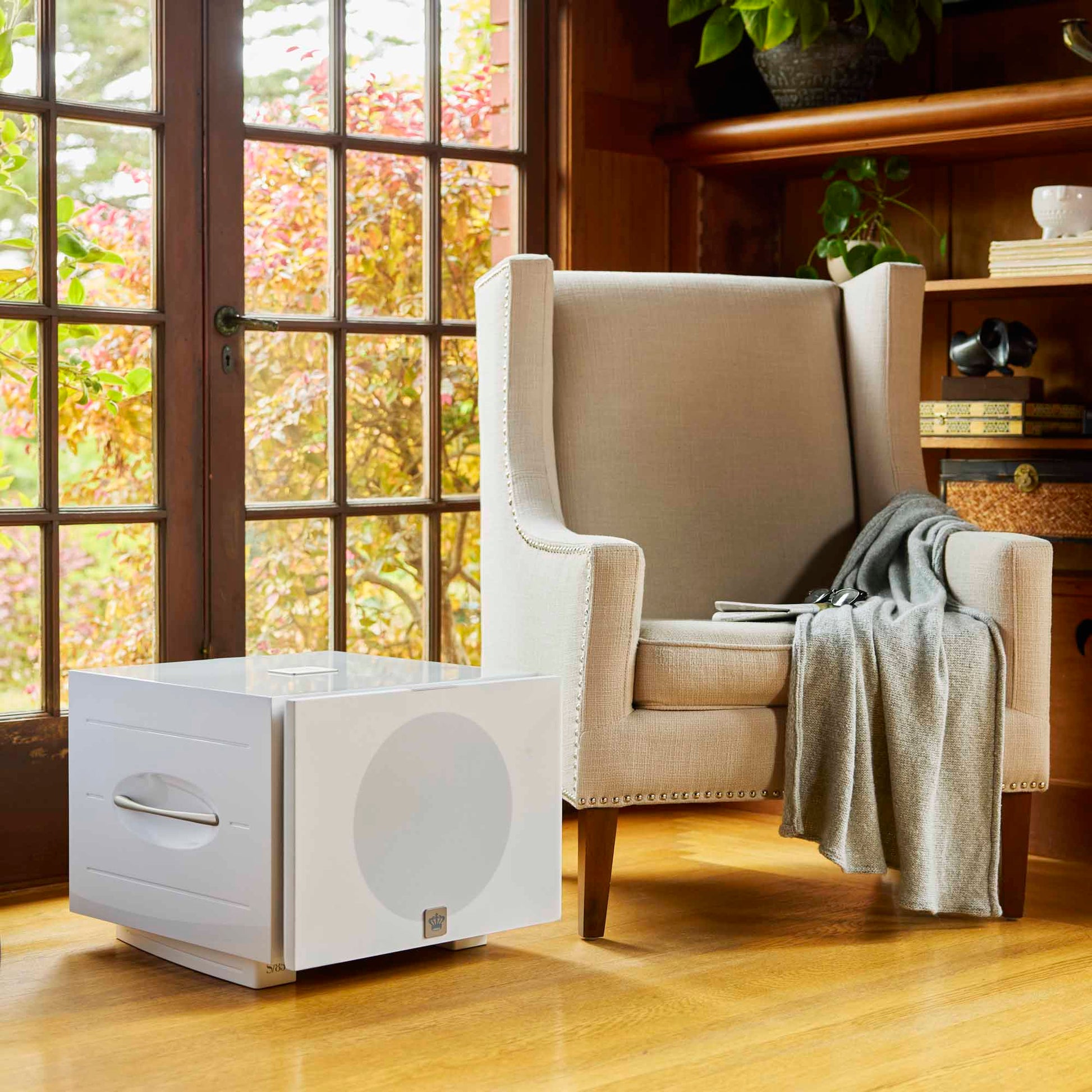 Beige armchair with a white subwoofer in a room with large windows and a wooden floor.