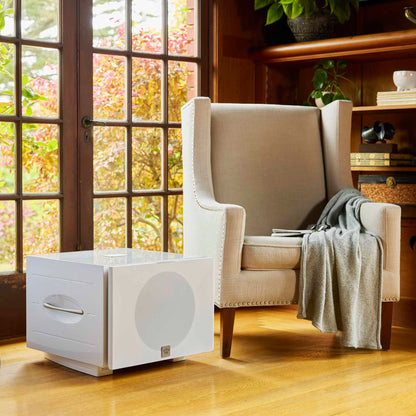 Beige armchair with a white subwoofer in a room with large windows and a wooden floor.