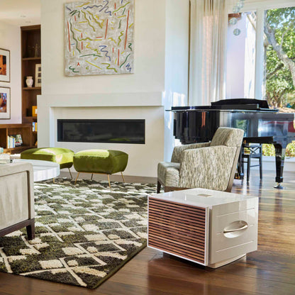 Modern living room with a fireplace, green armchair, and patterned rug and white REL S/850 Subwoofer.