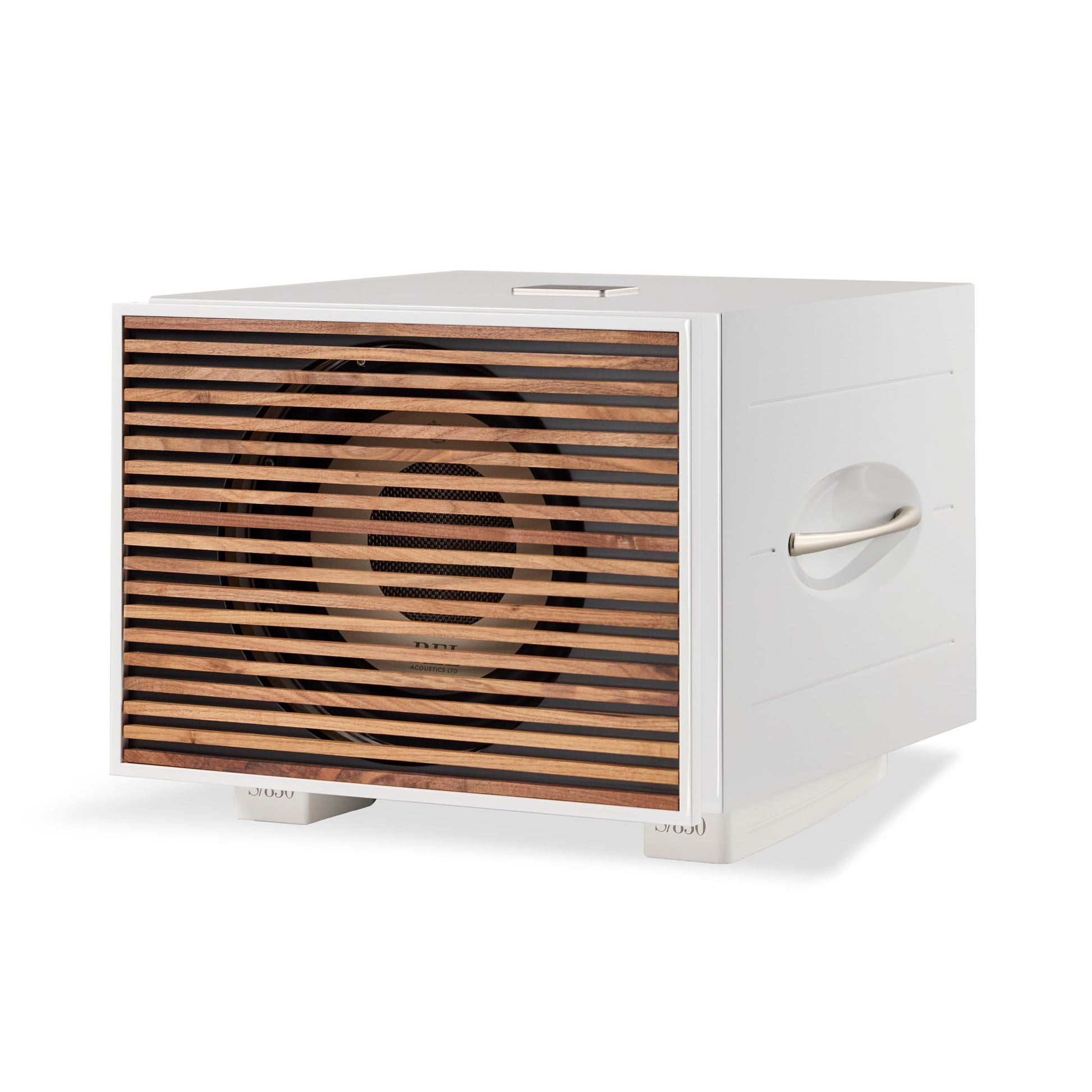 White REL S/850 Subwoofer with wooden grille