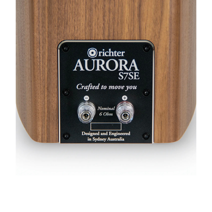 Close up of speaker terminals on the Richter Aurora Speakers on white background