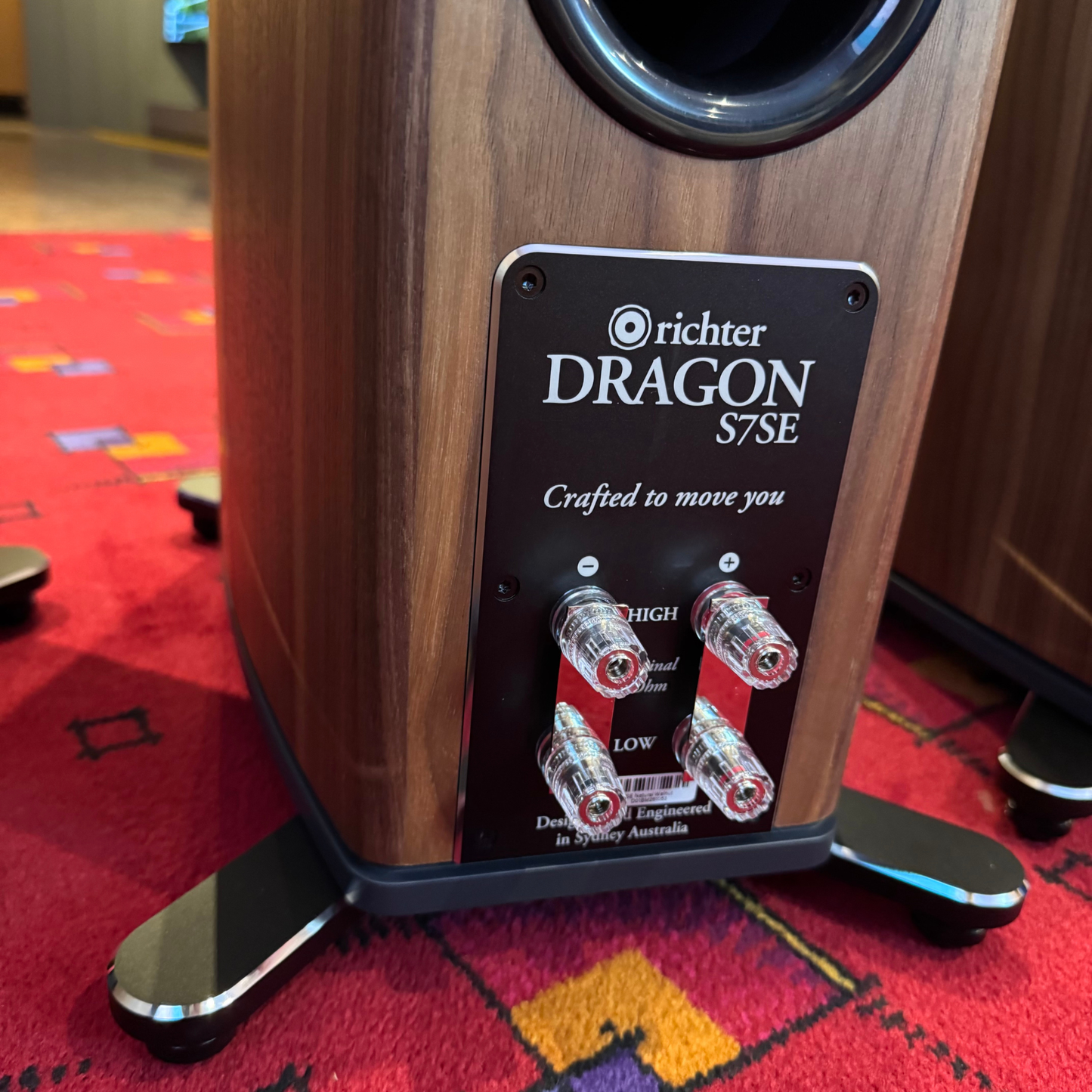 Richter Dragon S7 Special Edition Speakers rear terminals on red carpet