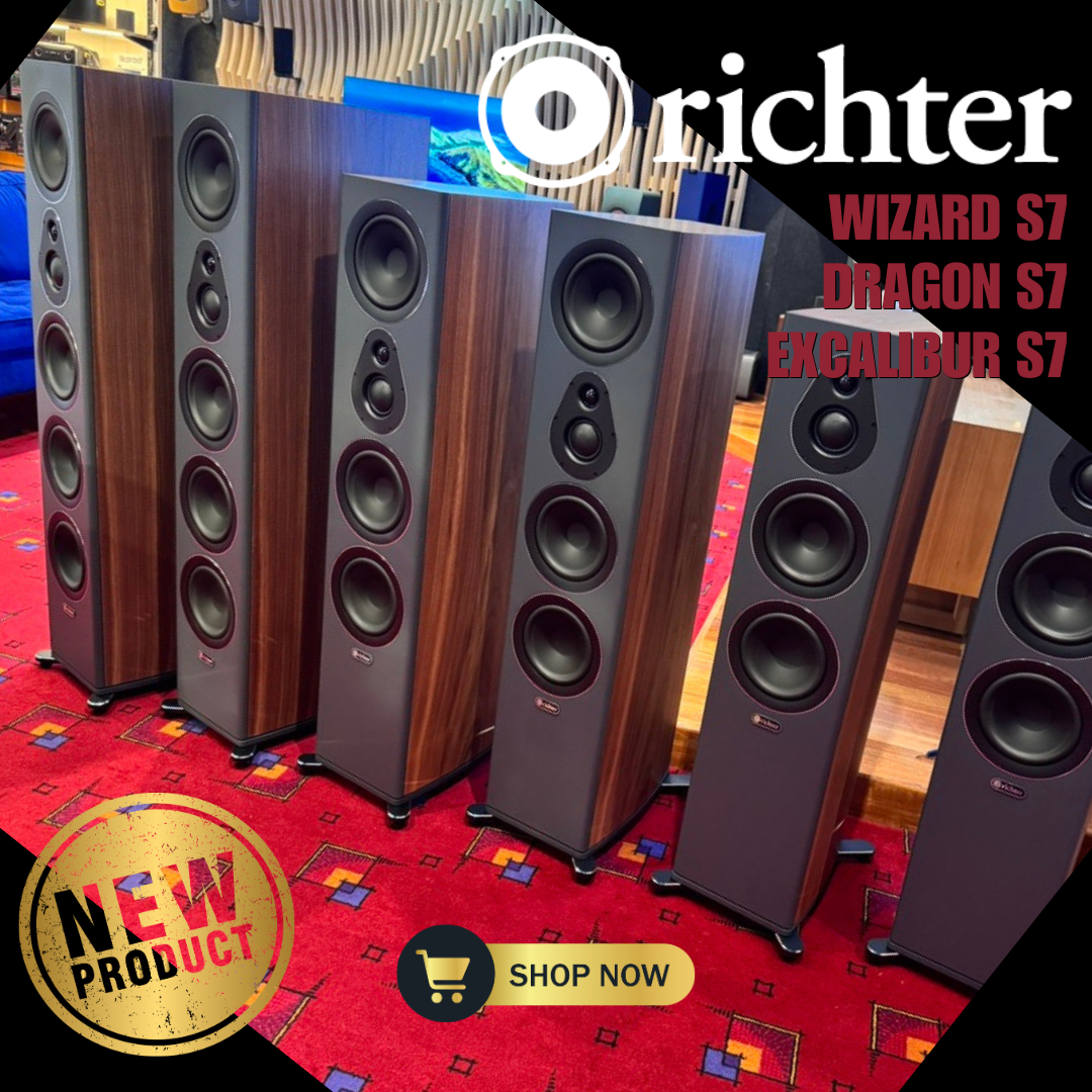 Set of speakers with 'richter' branding on a red carpet