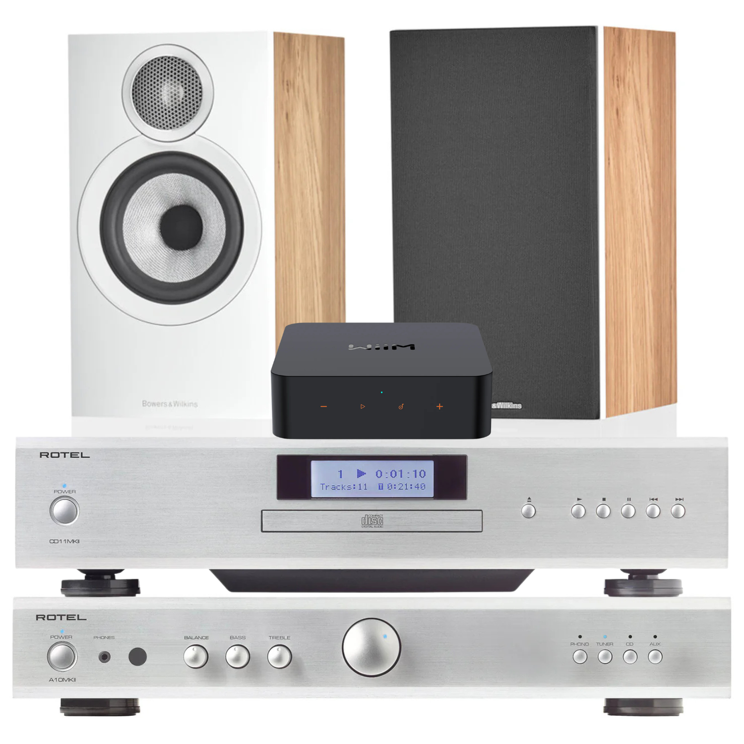 Rotel CD Stream System with silver components and oak white speakers