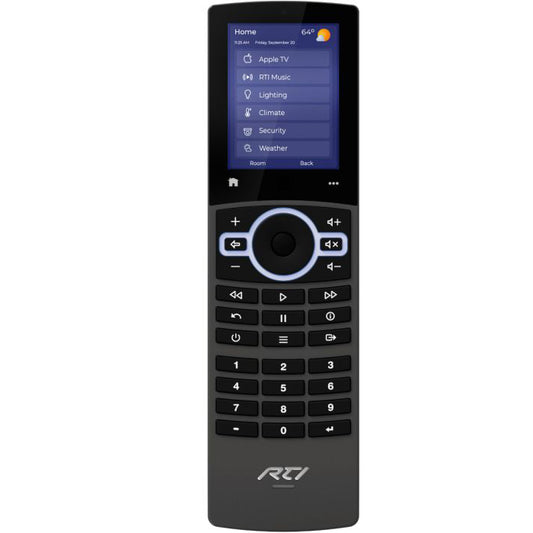 Smart remote control with touchscreen interface on a white background