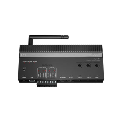 Front of RTI XP-3 Control Processor with antenna on white background