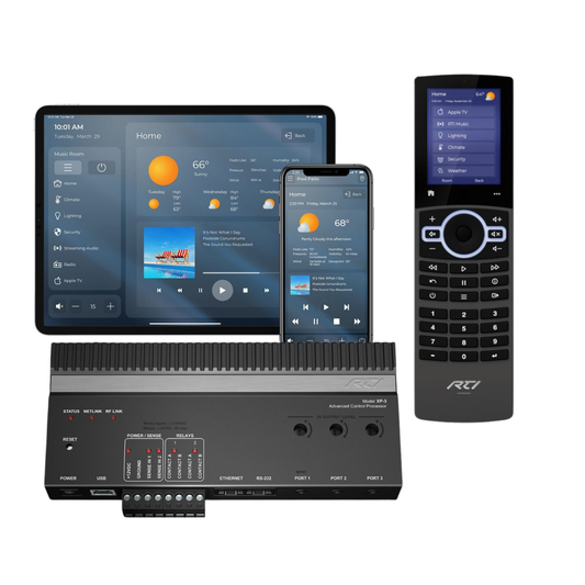 Home automation system with tablet, smartphone, and remote control on a white background - phone & tablet not included