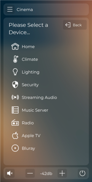 Control panel with device selection options on a blurred background