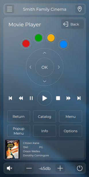 Movie player interface with control buttons and a movie poster on a dark background