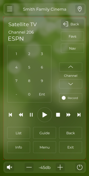 Satellite TV remote control interface with ESPN channel on a green blurred background