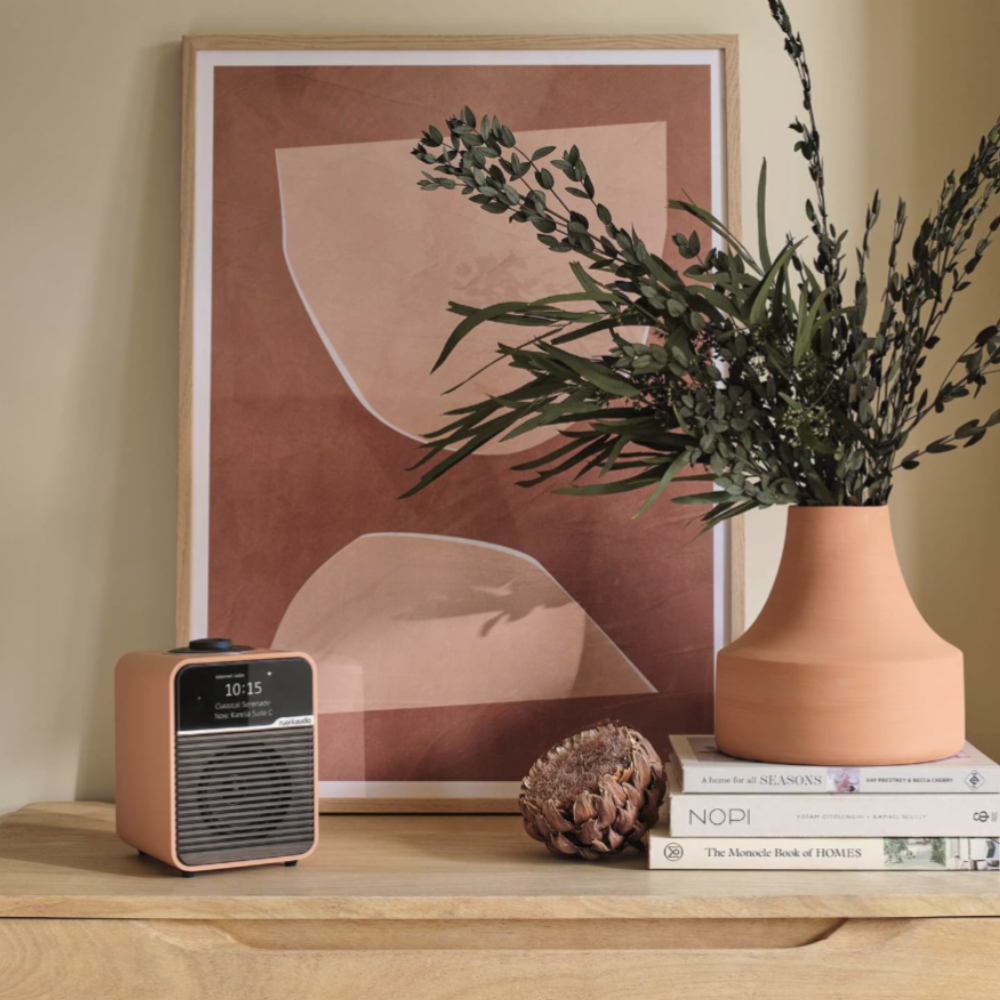 Ruark R1S Smart Radio in terracotta on timber cabinet next to books and vase with greenery in it