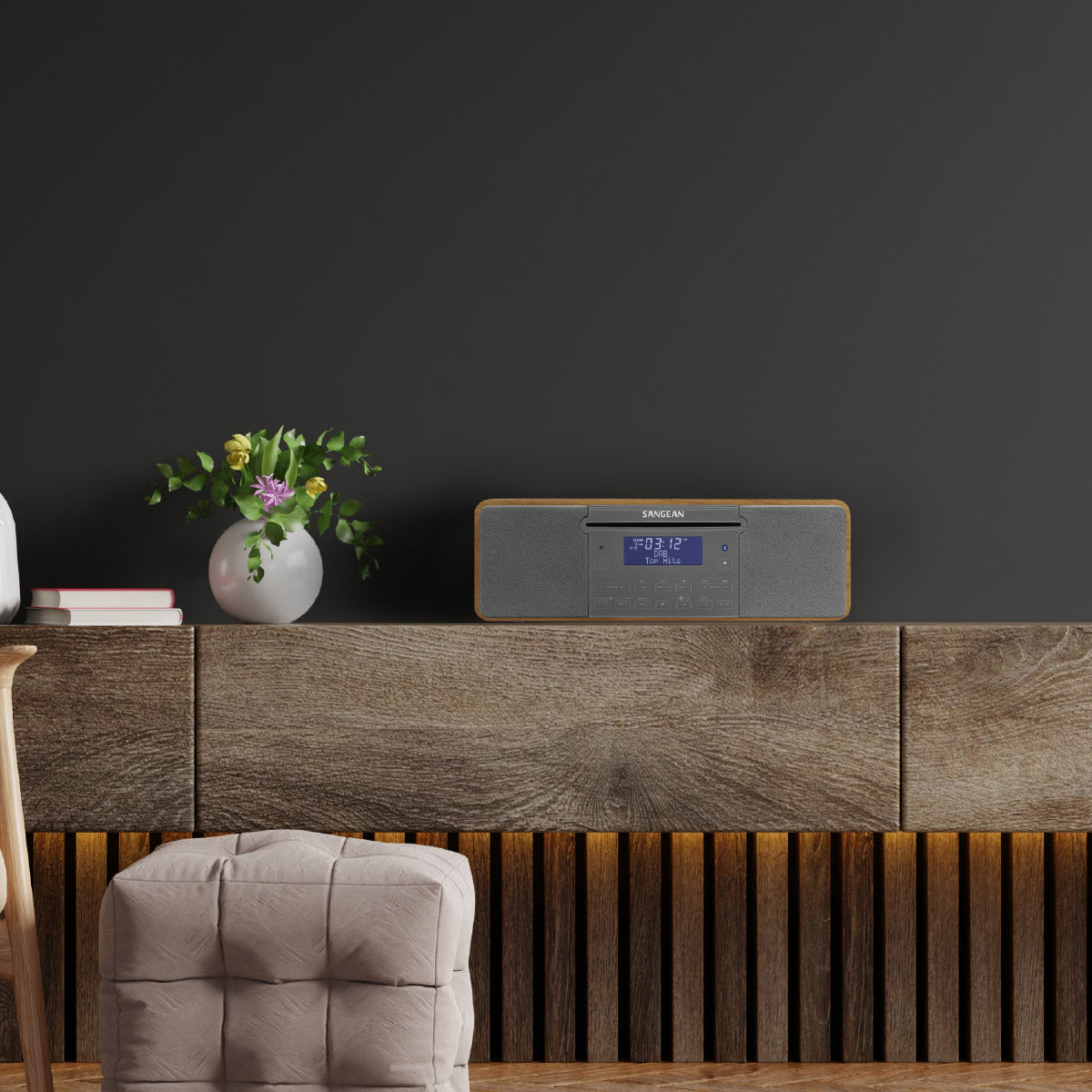 Modern interior with a  Sangean DDR-47BT Music System, decorative plant, and digital clock.
