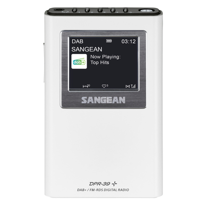 White Sangean DPR-39+ portable digital radio receiver with a black display screen showing 'DAB SANGEAN Now Playing: Top Hits' and a brushed metal logo plate on the front.