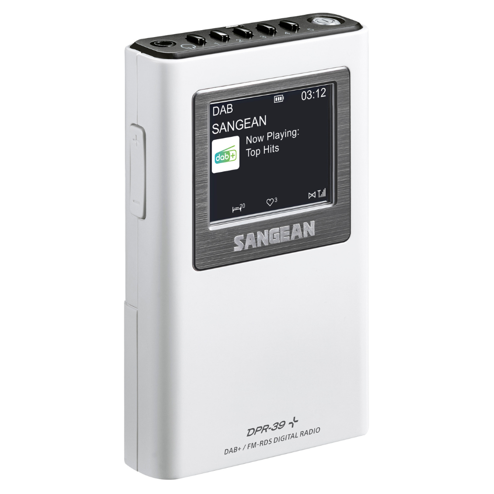 A Sangean DAB+ FM RS digital radio player in white, featuring a black display screen showing 'SANGEAN Now Playing: Top Hits' and a brushed metal logo plate.
