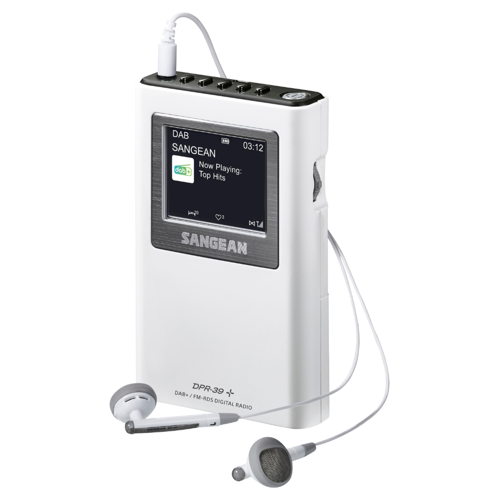 A white Sangean DPR-39+ Radio with a built-in screen displaying 'Now Playing: Top Hits' and connected earbuds, shown on a solid white background.