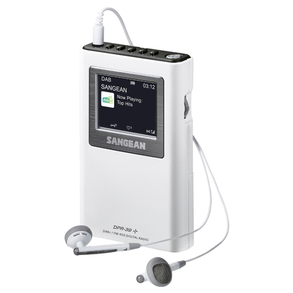 A white Sangean DPR-39+ Radio with a built-in screen displaying 'Now Playing: Top Hits' and connected earbuds, shown on a solid white background.