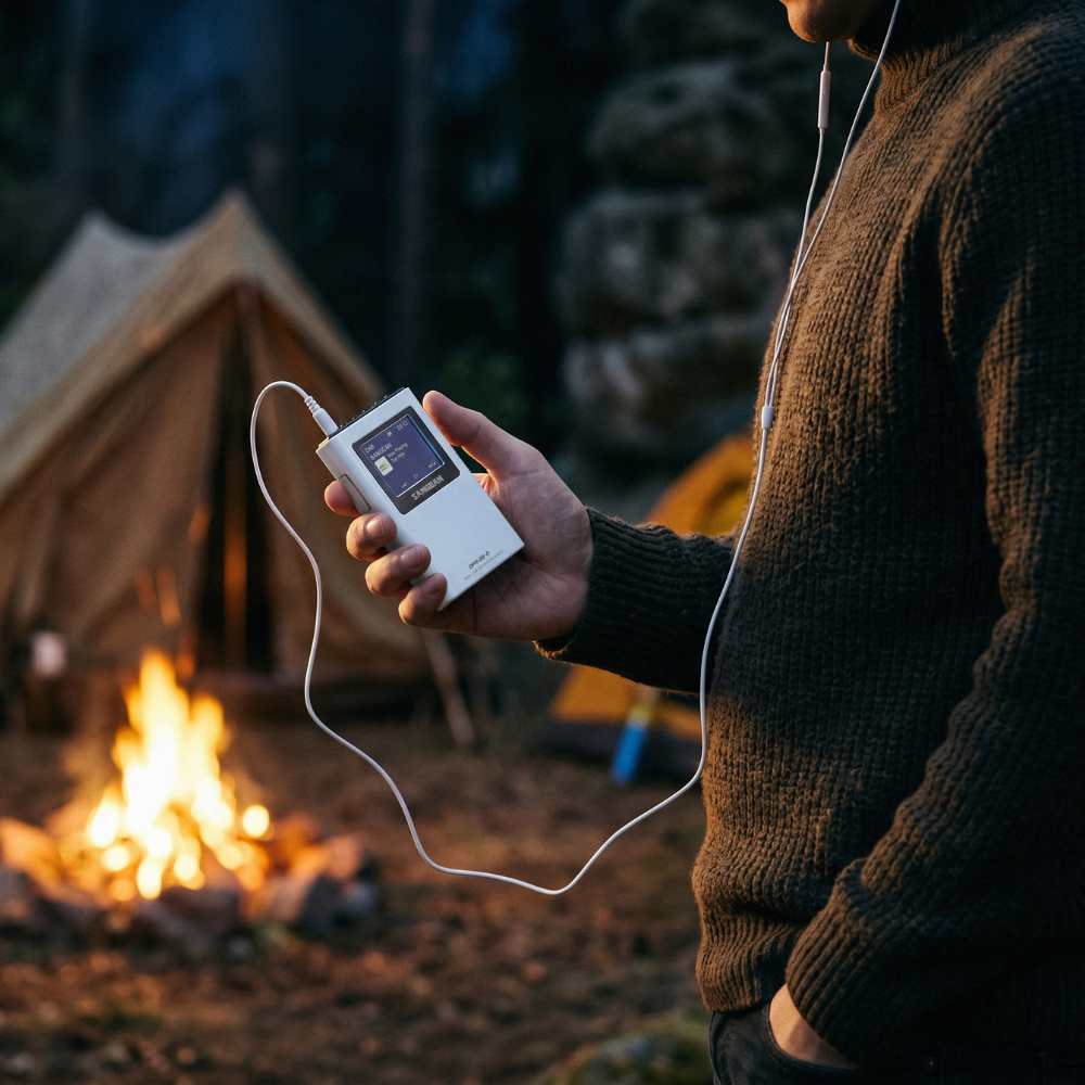 A person in a dark brown knit sweater holds a white portable music player connected to white wired earphones, with a campfire and a tent blurred in the background at dusk.