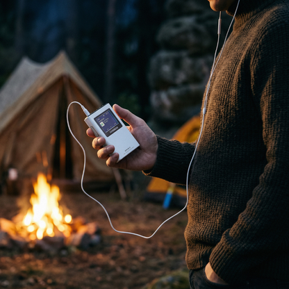 A person in a dark brown knit sweater holds a white portable music player connected to white wired earphones, with a campfire and a tent blurred in the background at dusk.