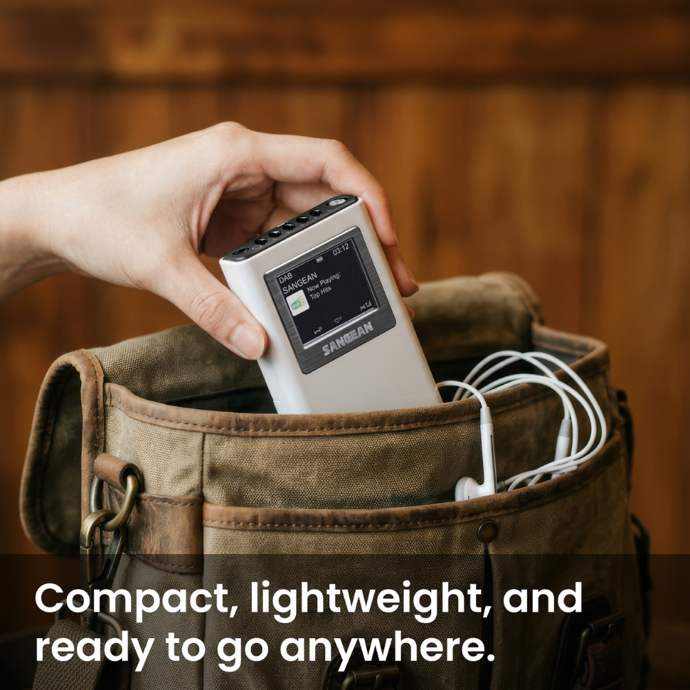 A hand inserts a compact white SANGEAN portable audio device into a brown canvas bag, with white earphones visible inside. The background is a warm wooden wall, and a text overlay at the bottom reads 'Compact, lightweight, and ready to go anywhere.
