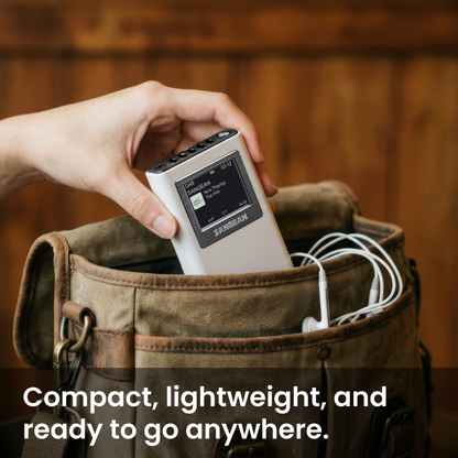 A hand inserts a compact white SANGEAN portable audio device into a brown canvas bag, with white earphones visible inside. The background is a warm wooden wall, and a text overlay at the bottom reads 'Compact, lightweight, and ready to go anywhere.