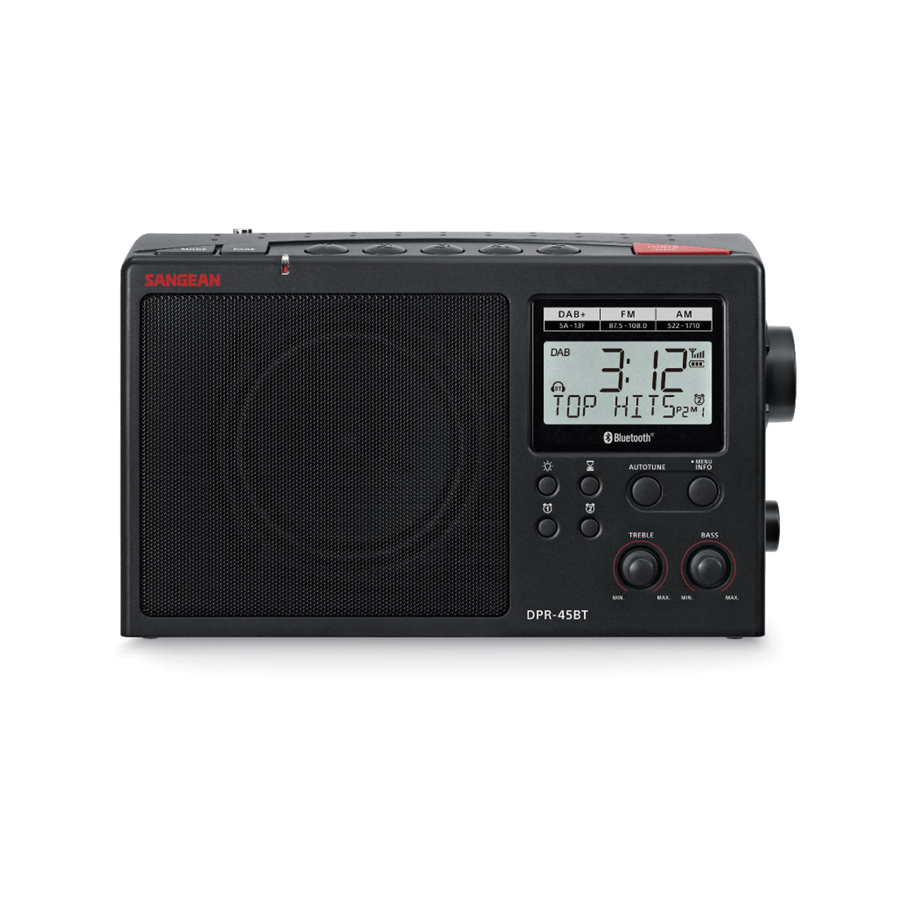 Front view of Sangean DPR-45 Portable AM/FM/DAB+ Radio in black