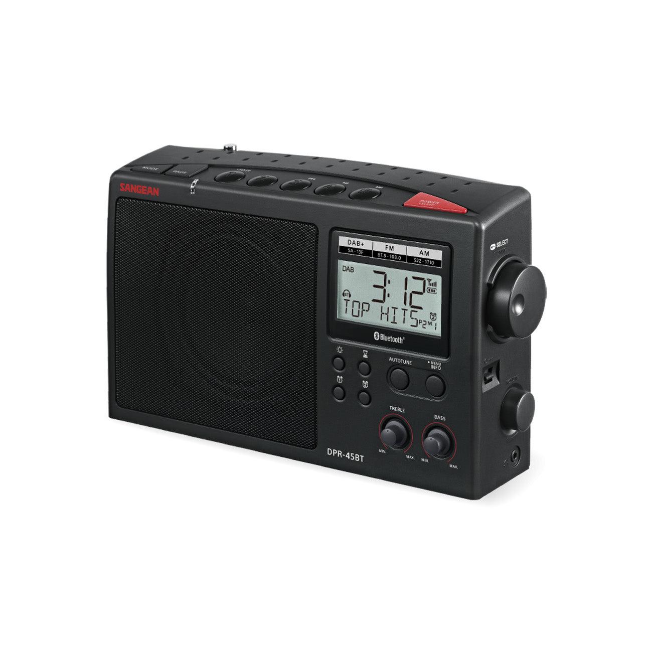 Angle view of Sangean DPR-45 Portable AM/FM/DAB+ Radio in black 