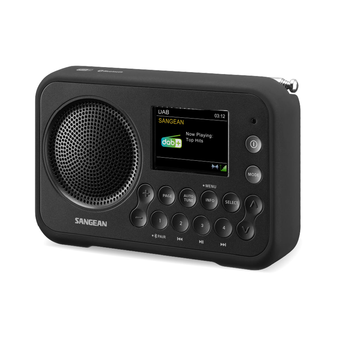 Black Sangean DPR-76BT Portable FM/DAB+ Radio front angle view