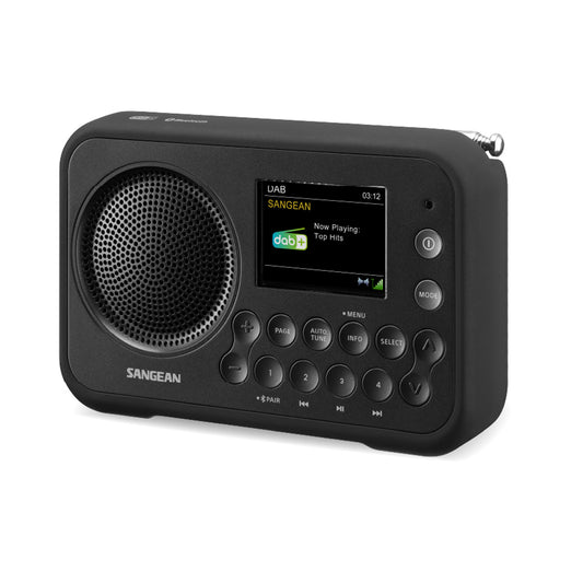 Black Sangean DPR-76BT Portable FM/DAB+ Radio front angle view
