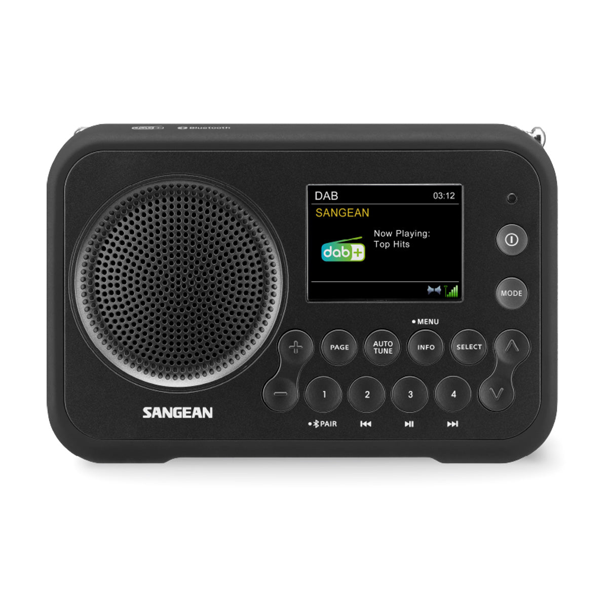 Front view of black Sangean DPR-76BT Portable FM/DAB+ Radio