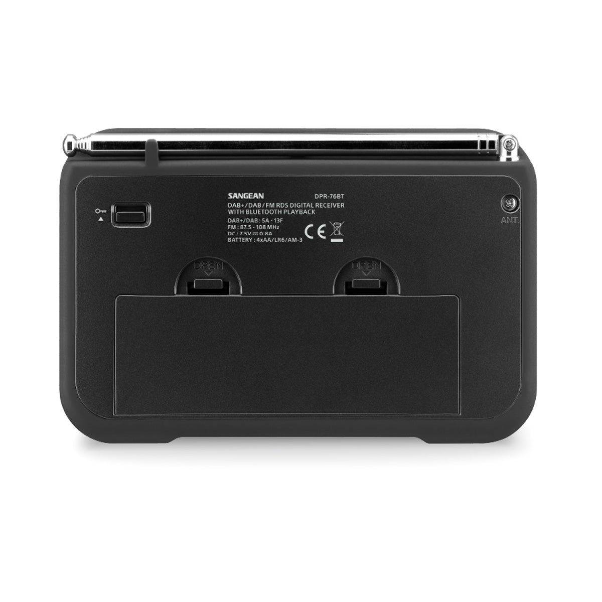 Back of black Sangean DPR-76BT Portable FM/DAB+ Radio
