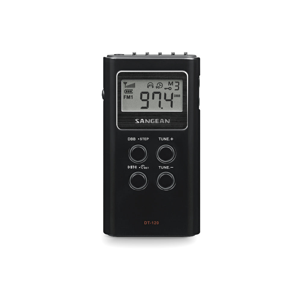 Front view of Sangean DT-120 AM/FM Stereo Pocket Radio in black
