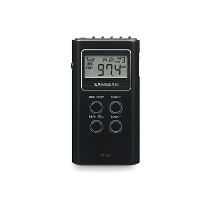 Front view of Sangean DT-120 AM/FM Stereo Pocket Radio in black