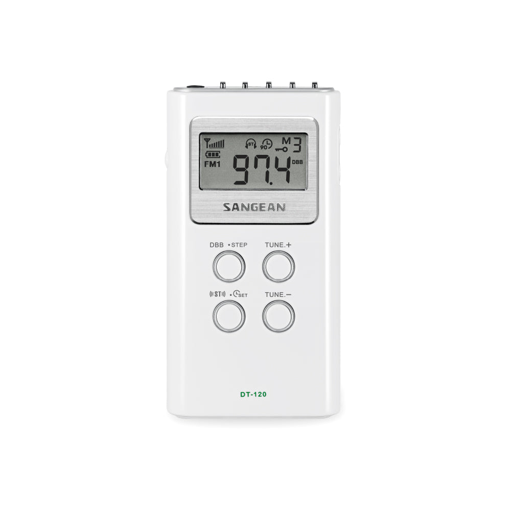 Front view of Sangean DT-120 AM/FM Stereo Pocket Radio in white