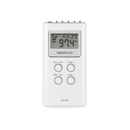 Front view of Sangean DT-120 AM/FM Stereo Pocket Radio in white