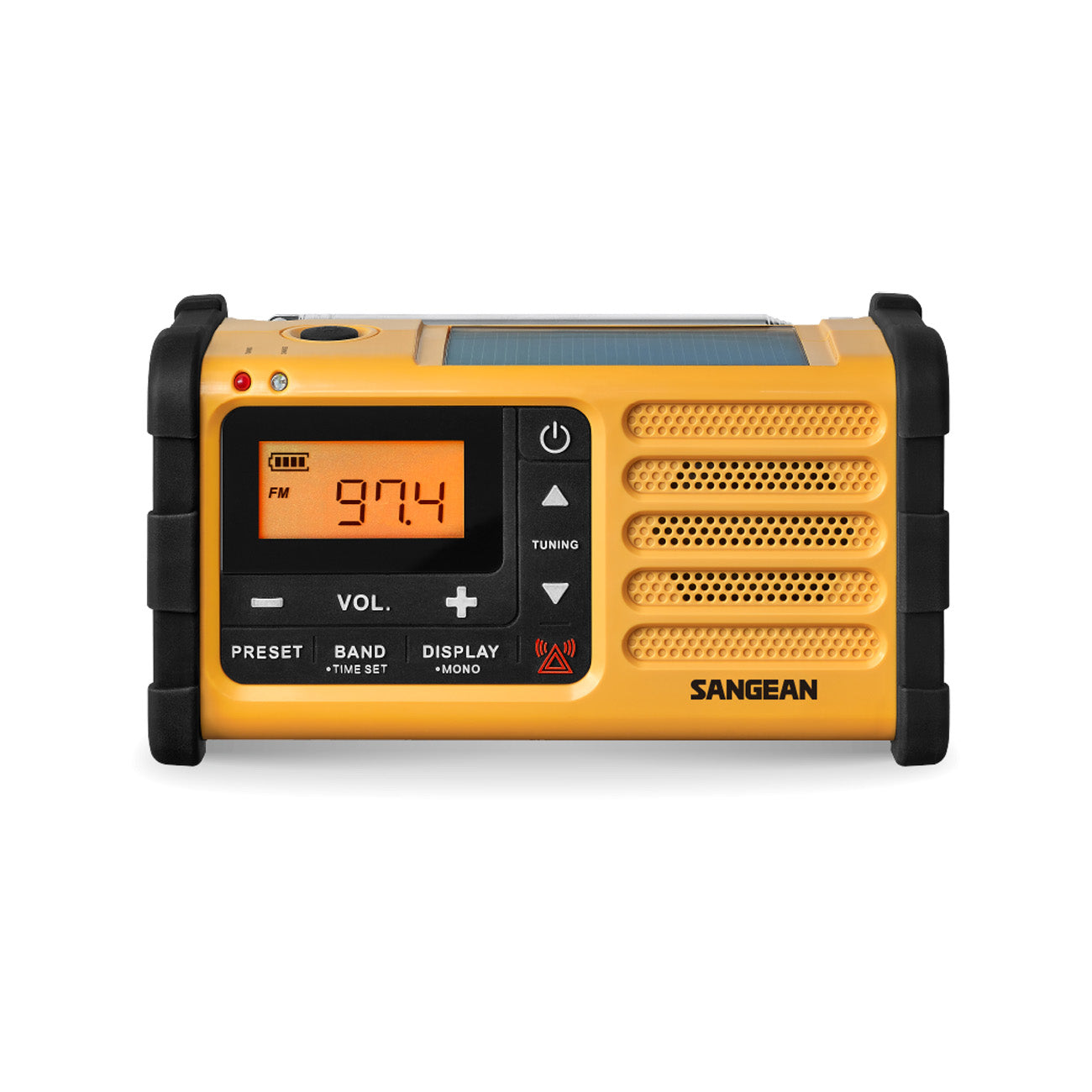 Yellow and black Sangean portable radio on a white background