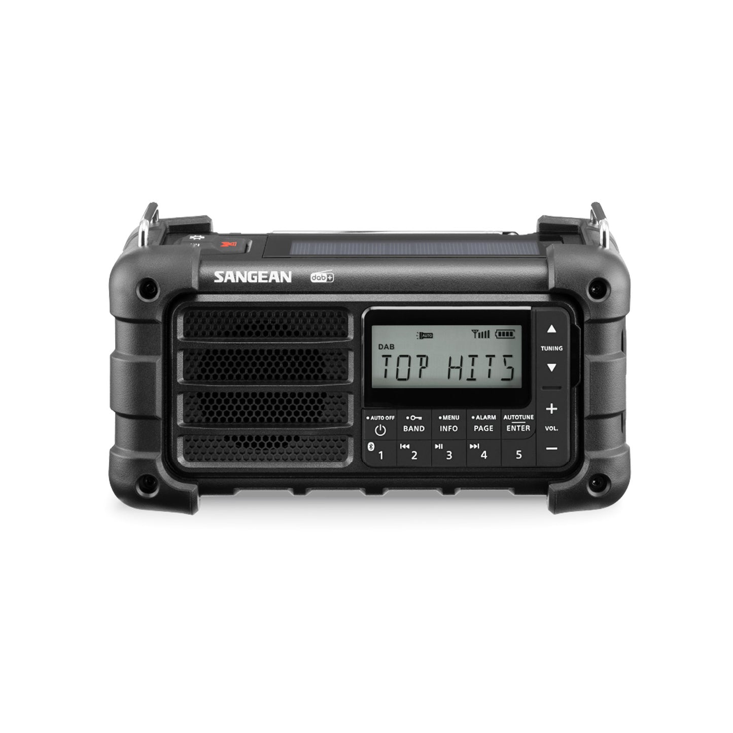 Front view of black Sangean MMR-99 DAB Emergency Radio on white background