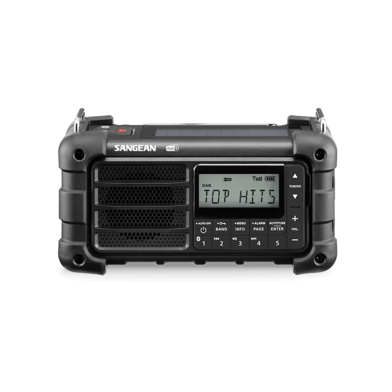 Front view of black Sangean MMR-99 DAB Emergency Radio on white background