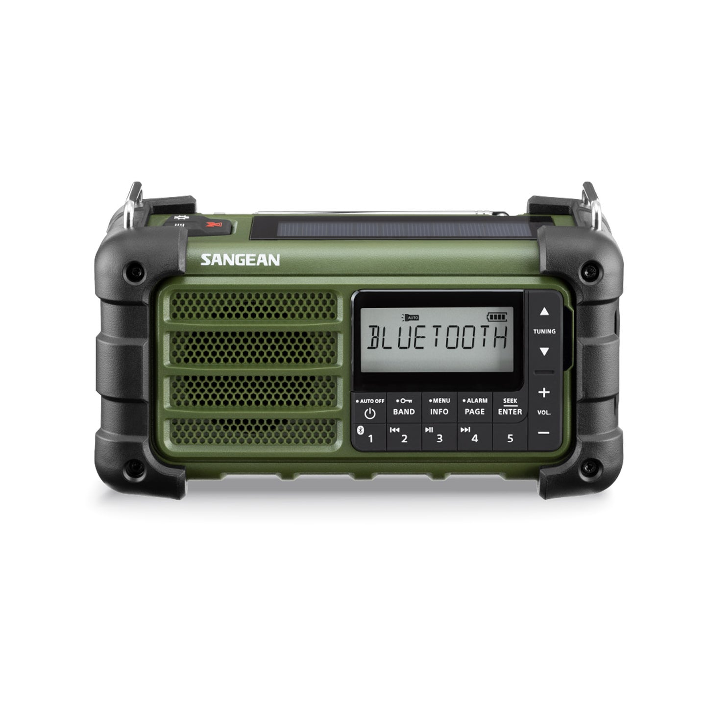 Front view of Sangean MMR-99 Emergency Radio in green