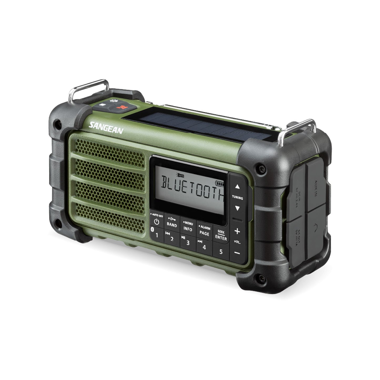 Angle view of Sangean MMR-99 Emergency Radio in green