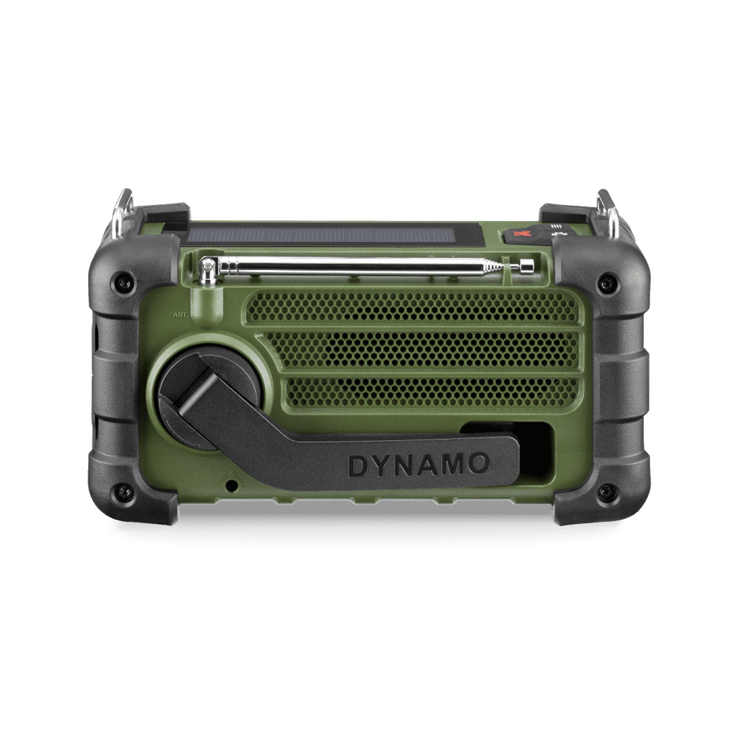 Back view of Sangean MMR-99 Emergency Radio in green showing hand crank