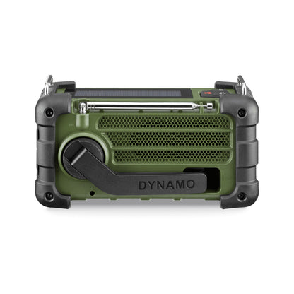 Back view of Sangean MMR-99 Emergency Radio in green showing hand crank