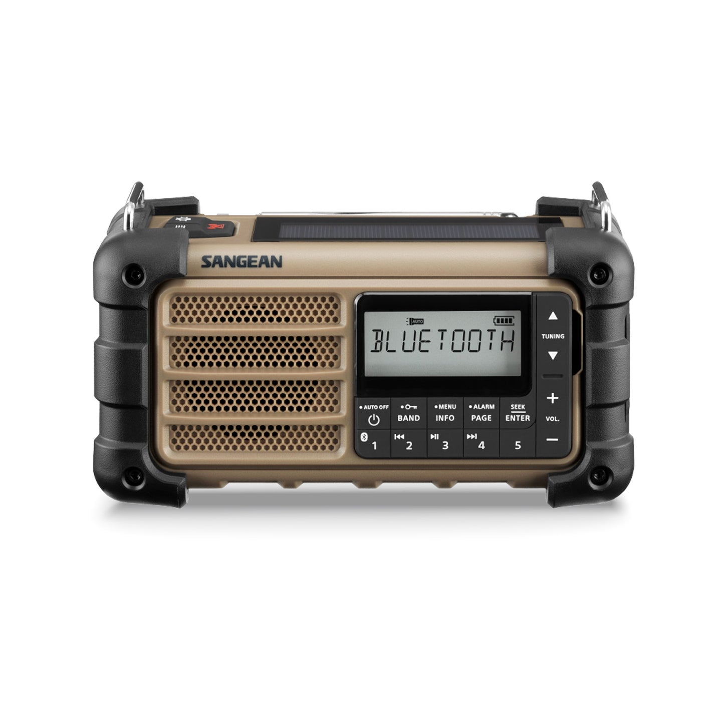 Front view of Sangean MMR-99 Emergency Radio in tan
