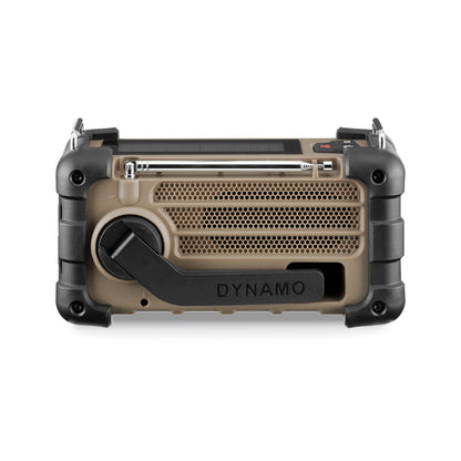 Back view of Sangean MMR-99 Emergency Radio in tan showing hand crank