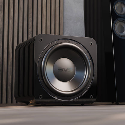 SVS SB-3000 R|Evolution Subwoofer in gloss black with timber background
