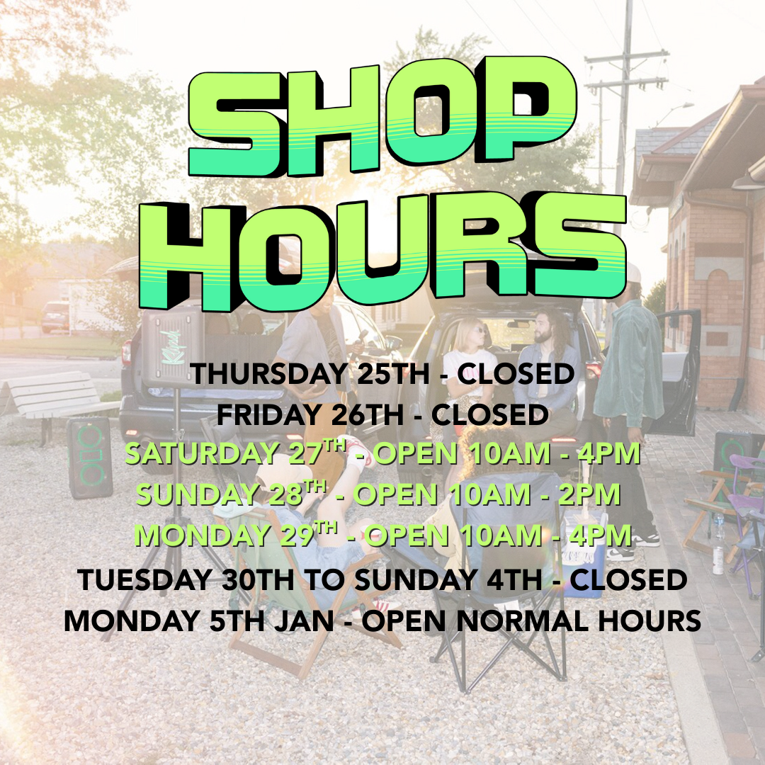 Shop hours sign with outdoor setting and people sitting on chairs.