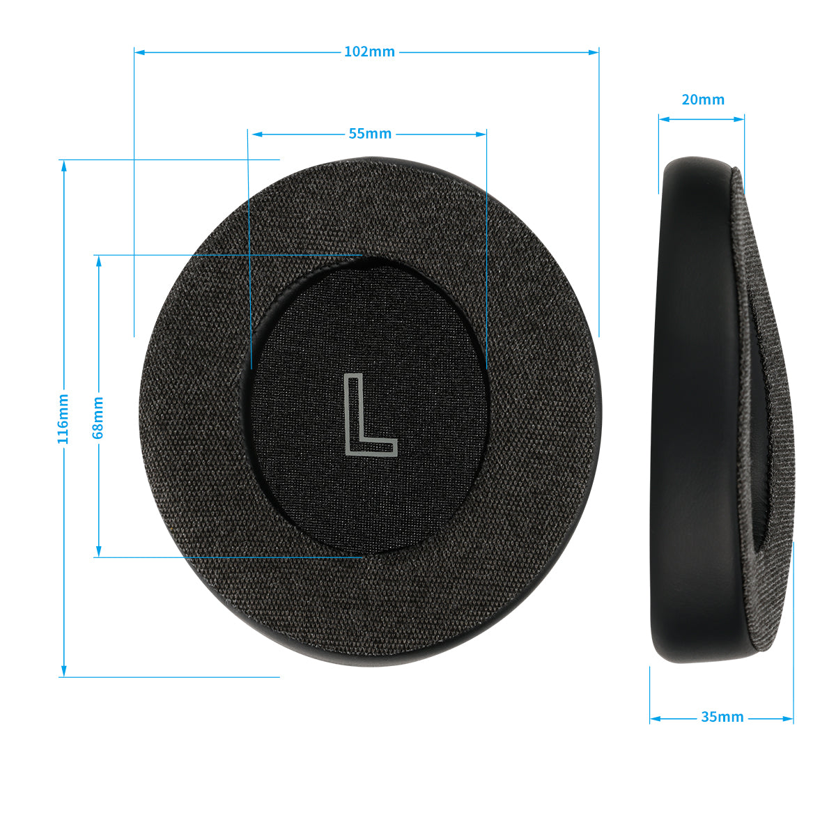 ear pads with measurements on a white background