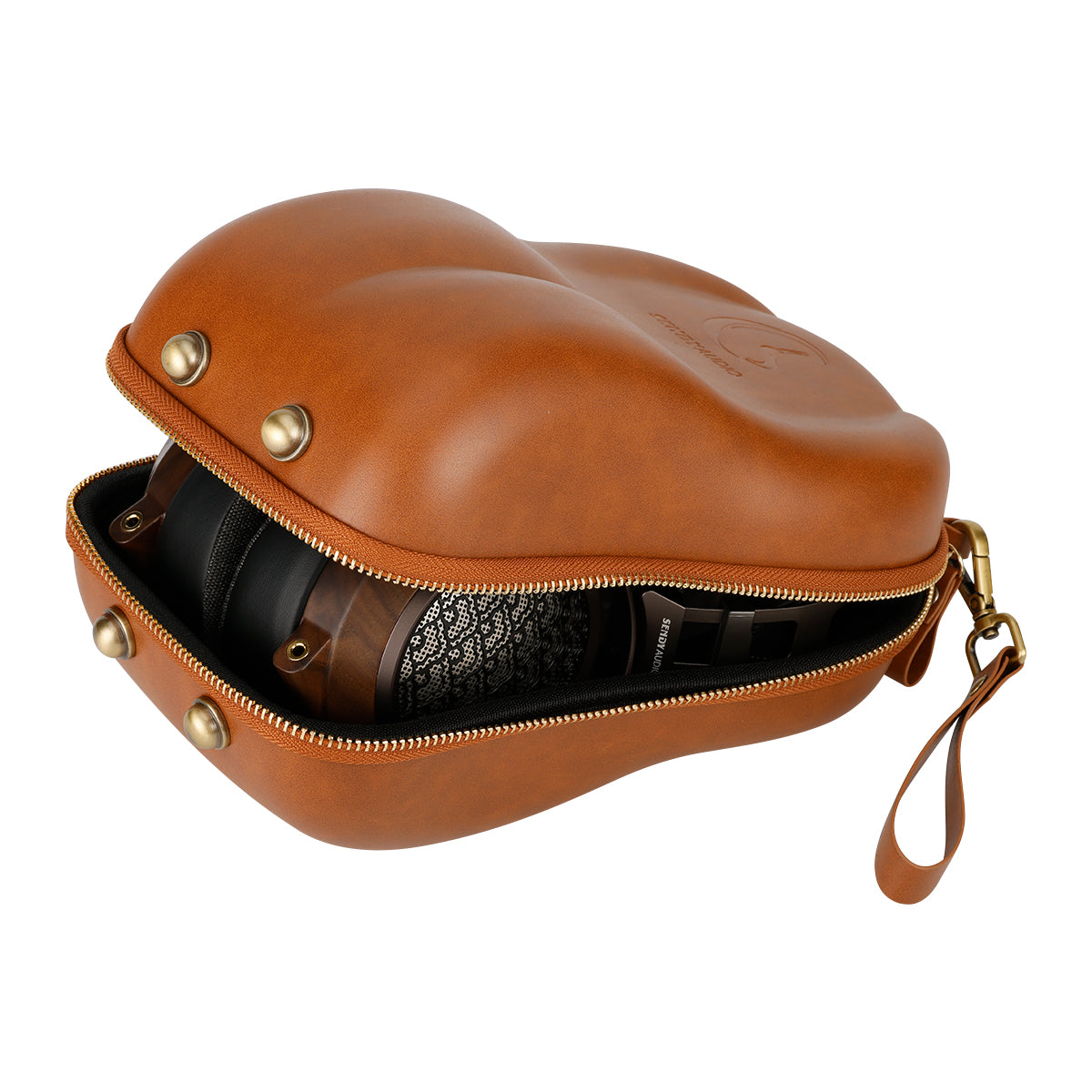 Brown leather case with a zipper, containing headphones, on a white background