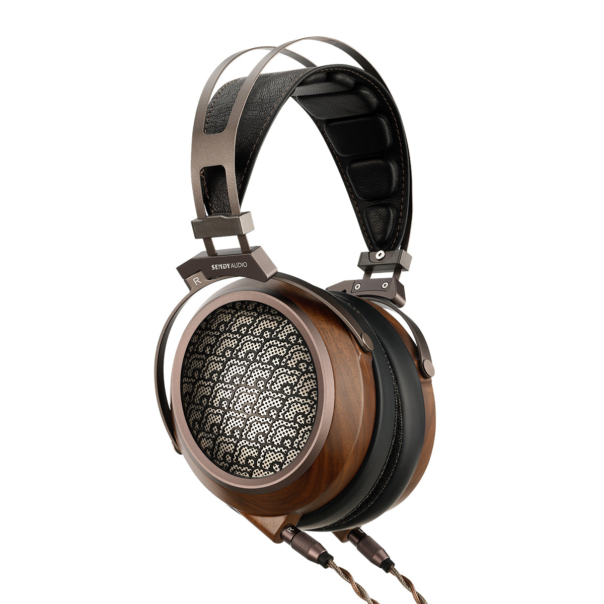 High-fidelity headphones with wooden ear cups on a white background